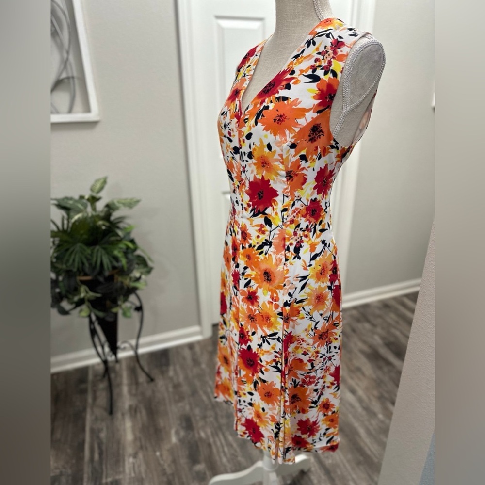Jones New York Women’s White Red Orange Yellow Floral Midi V-Neck Dress Size 12 - Picture 2 of 7